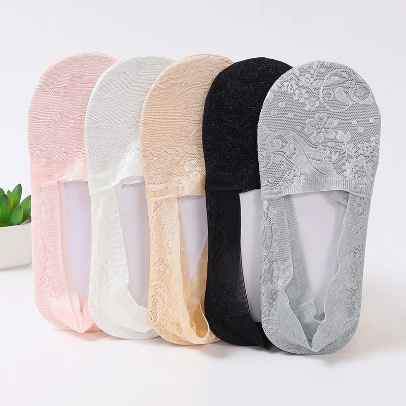 5Pairs Fashion Women Girls Summer Socks Style Lace Flower Short Sock Silicone Non-Slip Invisible Breathable Boat Ankle Socks