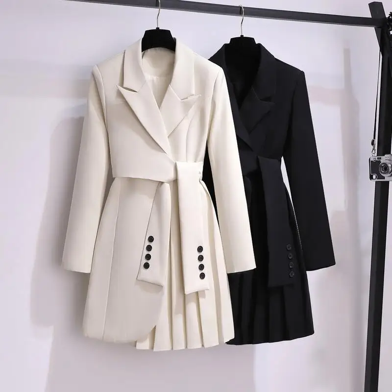 

Elegant Womens Suit Dress 2023 Spring Waist Belt Long Sleeve Notched Collar Pleated Irregular Blazer Lady Skirt Women Clothing