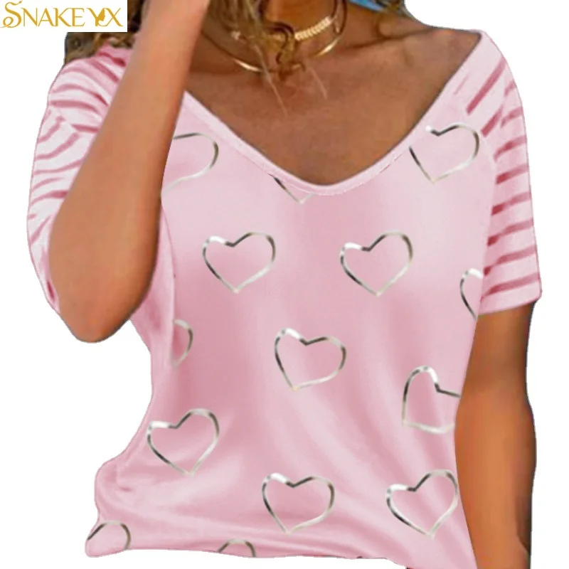

Women's Summer T-shirt 2021 Striped Printed Short Sleeve Love Soft and Comfortable Thin Top Light Weight