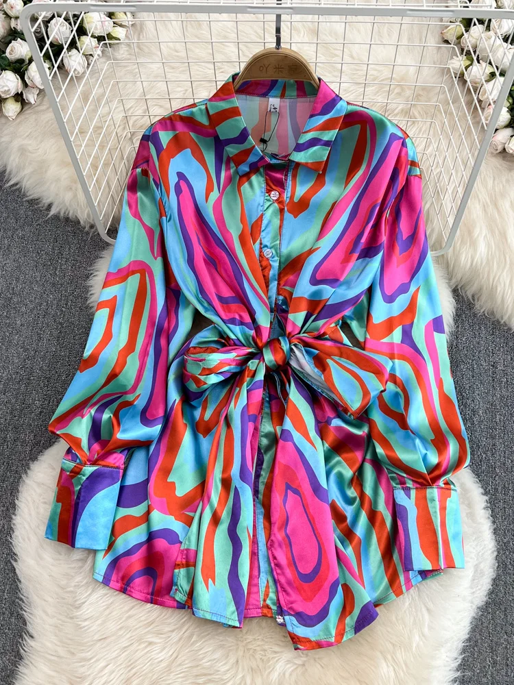 

Женское однобортное атласное мини-платье, элегантное винтажное осеннее платье с отложным воротником и принтом, с длинным рукавом-фонариком...