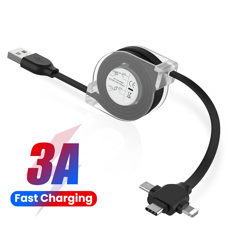 

1/2m 3 In 1 USB Charge Cable 8 Pin/Micro USB/Type C Kable Portable Retractable 3A Fast Charging Cord For iPhone 13 12 11 XS X XR