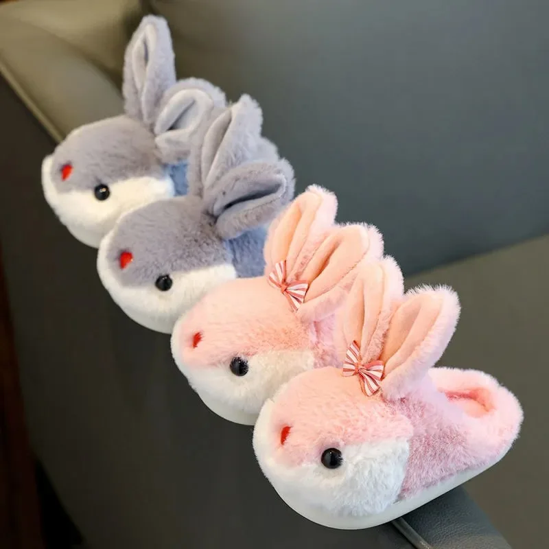 2022 Rabbit Ear Fluffy Slippers Babi Shoes Bowknot Bunny Slides Plush Home Shoes Girls Memory Foam Indoor Slipper Fur Clog Mules