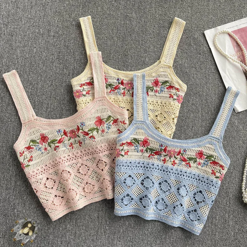 

Boring Honey Colored Flower Embroidery Tank Top Women Crochet Hollow Out Crop Top Korean Style Round Collar Slim Short Top Women