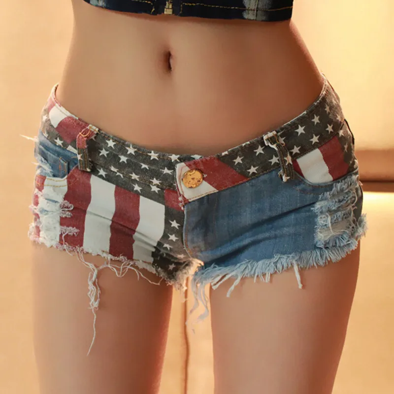 

Mid Waist Jeans Shorts 2021 Women New Fashion USA Flag Printed Denim Pole Dance Skinny Hot Hole Short Pants S-XXL