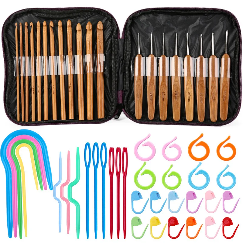 

20pcs Bamboo Crochet Hook Knitting Needles Knit With Bag Weave Yarn Crafts Sweater Scarf Hat Tool With Stitch Makers