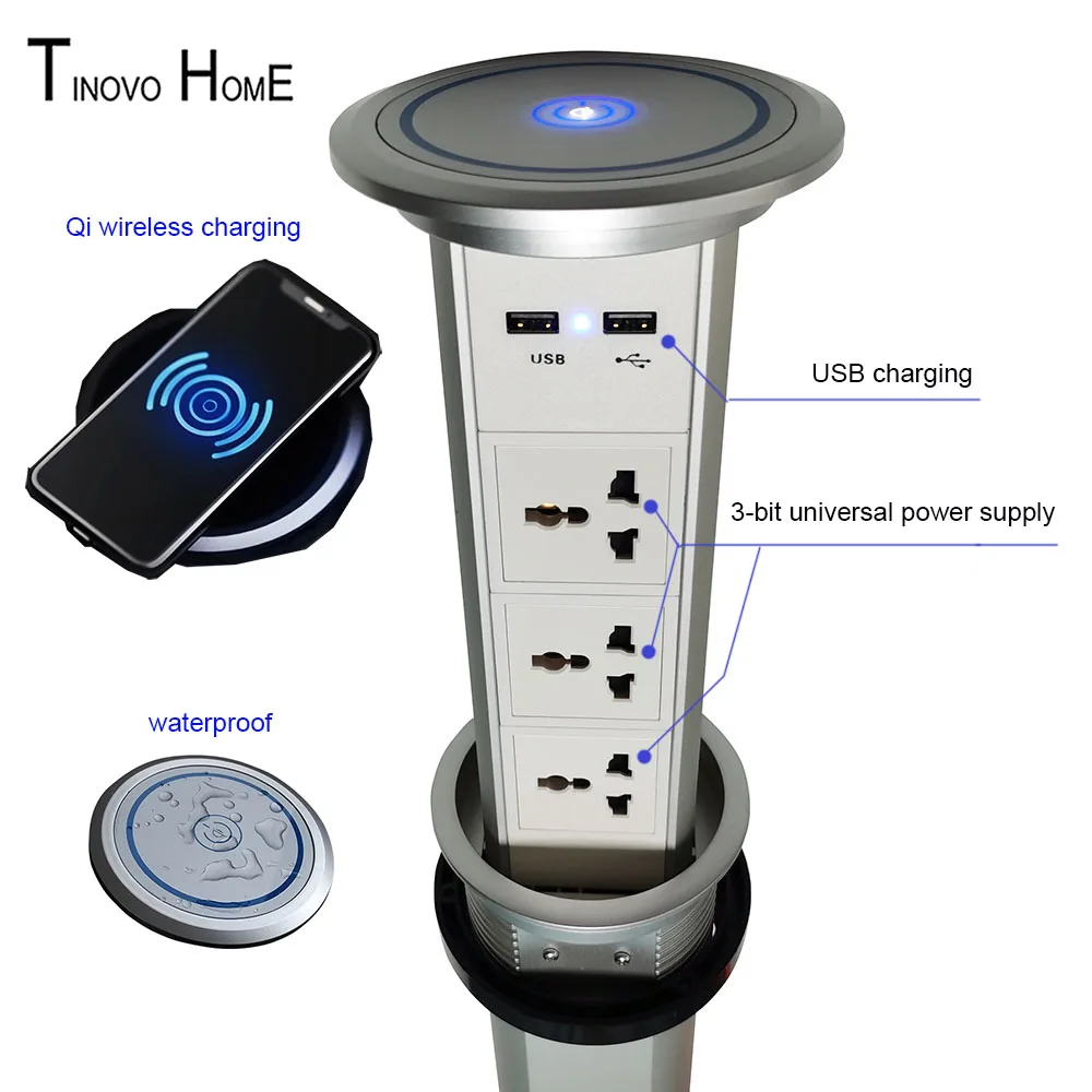 

Electric lifting socket / desktop socket 3-bit universal Jack USB charging with wireless Qi charging / kitchen office socket