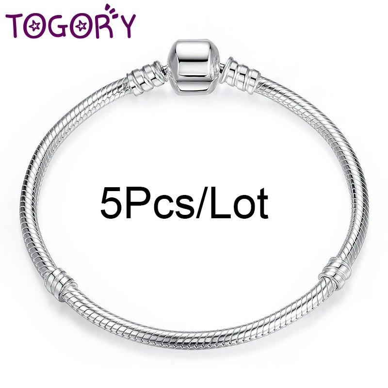 

TOGORY 5pcs/lot Snake Chain Safety Clasp European Brand Bracelet Fit DIY Charm Bracelets & Bangles Jewelry For Women&Men Gift