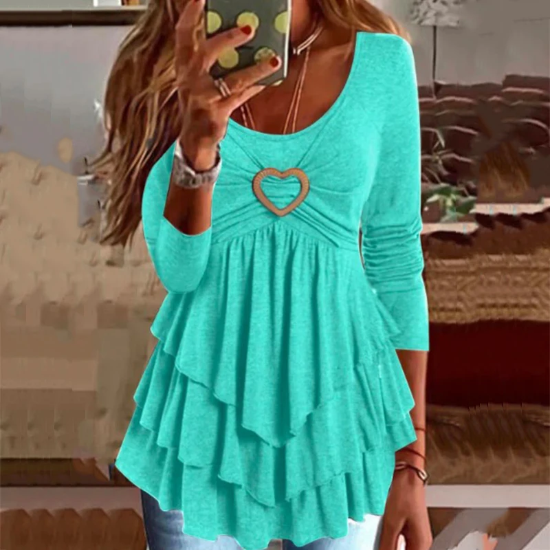 

Модное однотонное мини-платье в форме сердца, женское Повседневное платье с круглым вырезом и длинным рукавом, вечернее платье с оборками, э...