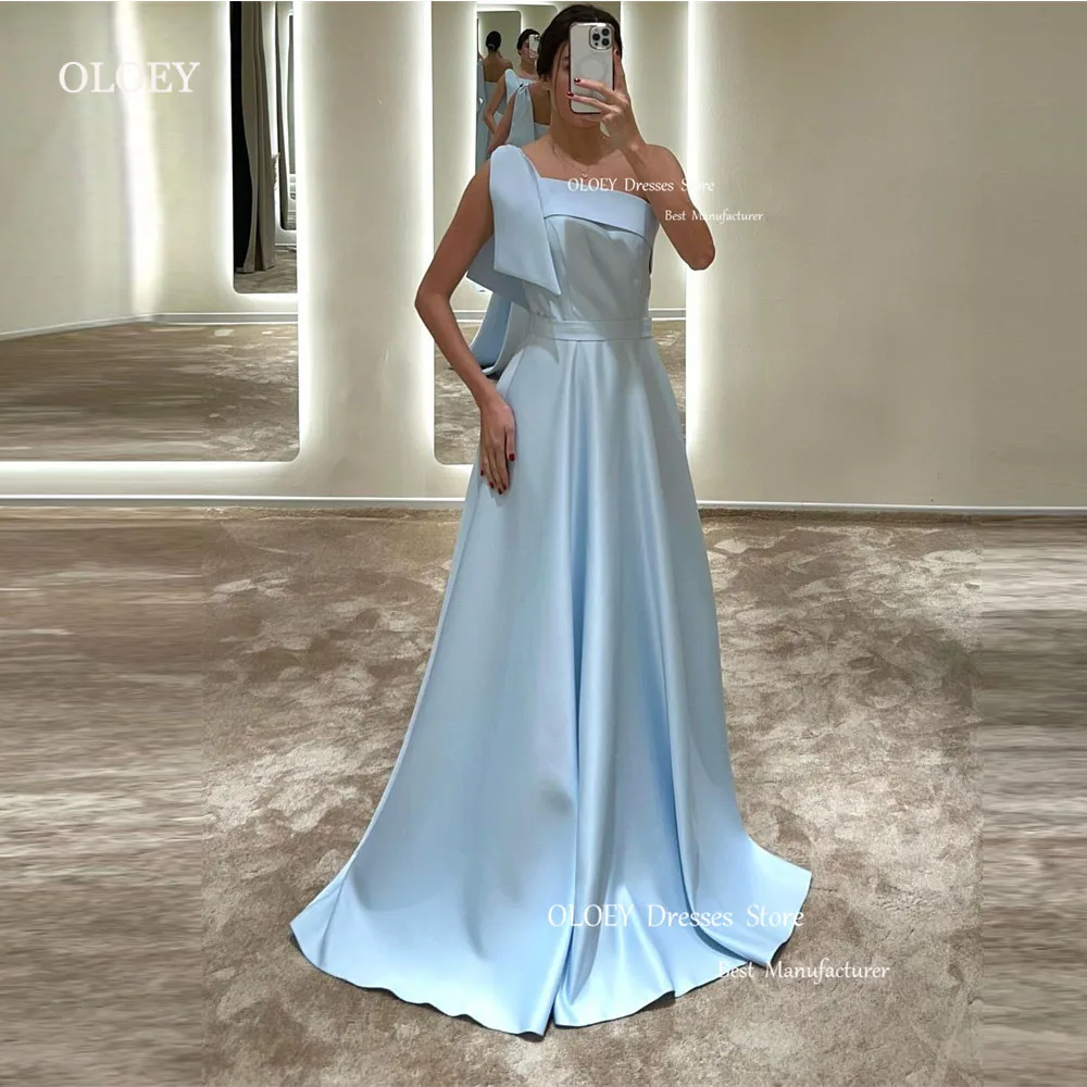 

OLOEY Light Blue Satin Long Formal Evening Dresses One Shoulder Floor Length Graceful Prom Gowns Arabic Women Formal Party