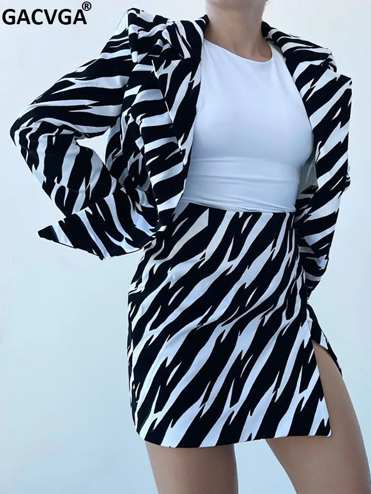 

GACVGA 2022 Autumn Print Zebra Two Piece Sets Women Outfits Long Sleeve Blazer And Mini Skirt Ladies Slim Blazer Set