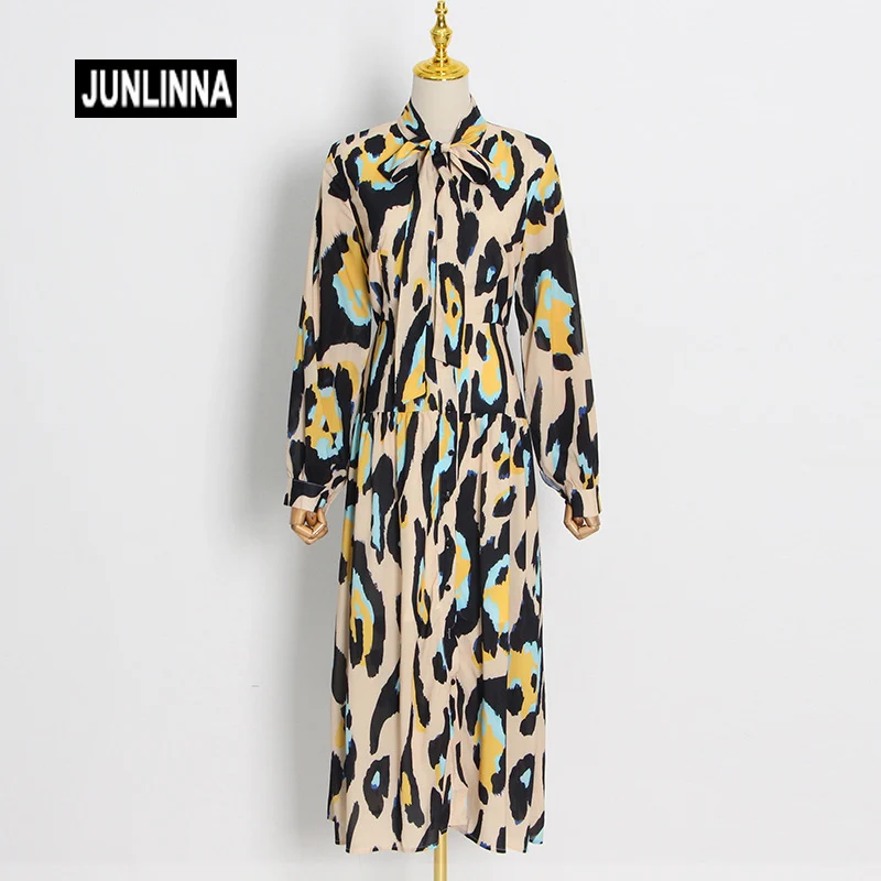 

JUNLINNA осеннее винтажное платье с геометрическим принтом воротник-шарф элегантное женское платье миди для вечеринок и отпуска