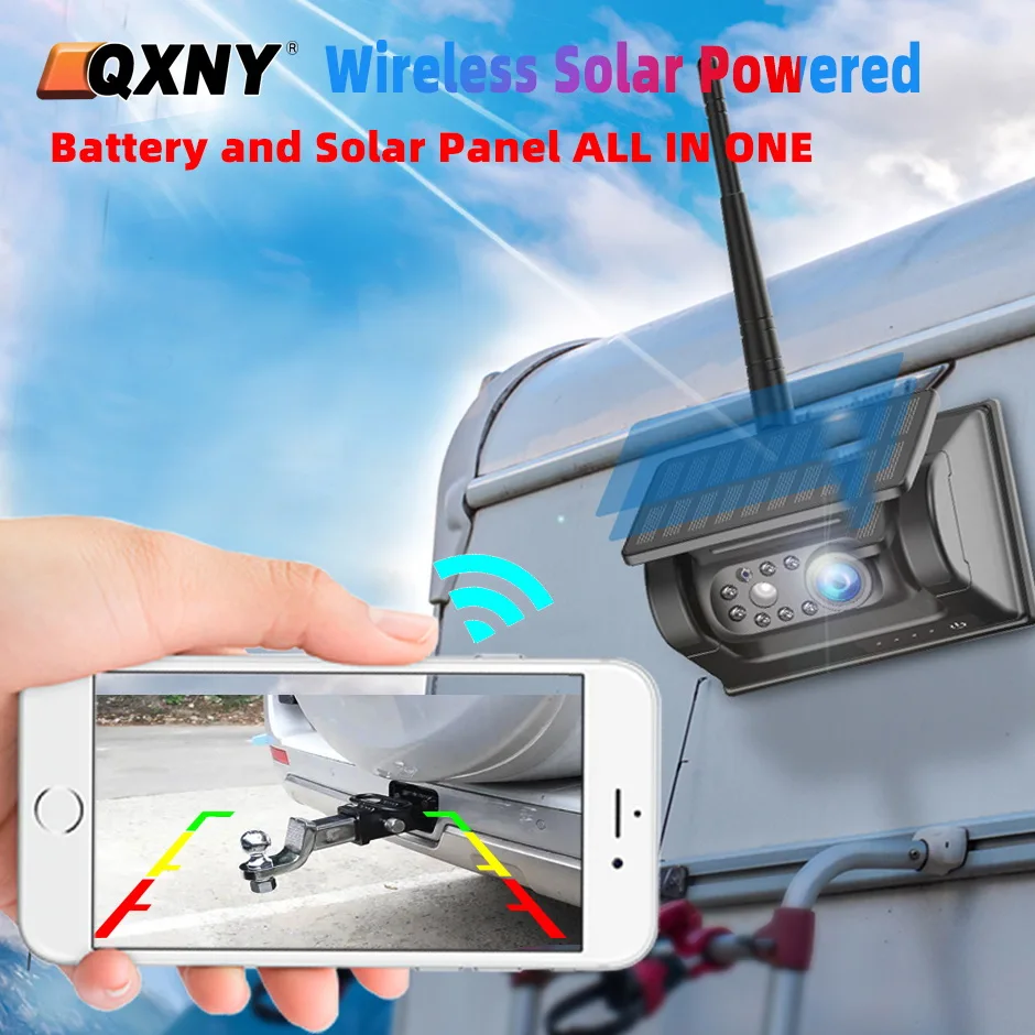 QXNY WiFi Magnetic Solar Power Wireless Rear View Backup Camera ios/Android APP with Builtin Battery for RV/Truck/Camper/Trailer