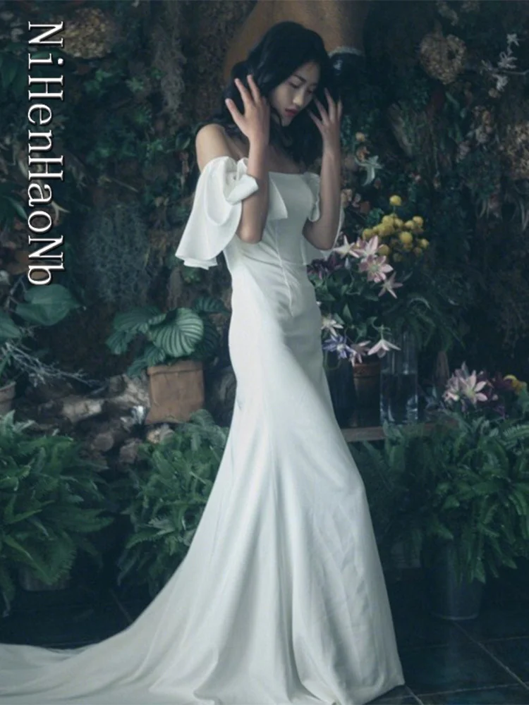 

Vestido Noiva New Mermaid Wedding Dress Satin with Train Sexy Off The Shoulder Ruffle Sleeve Bridal Gown