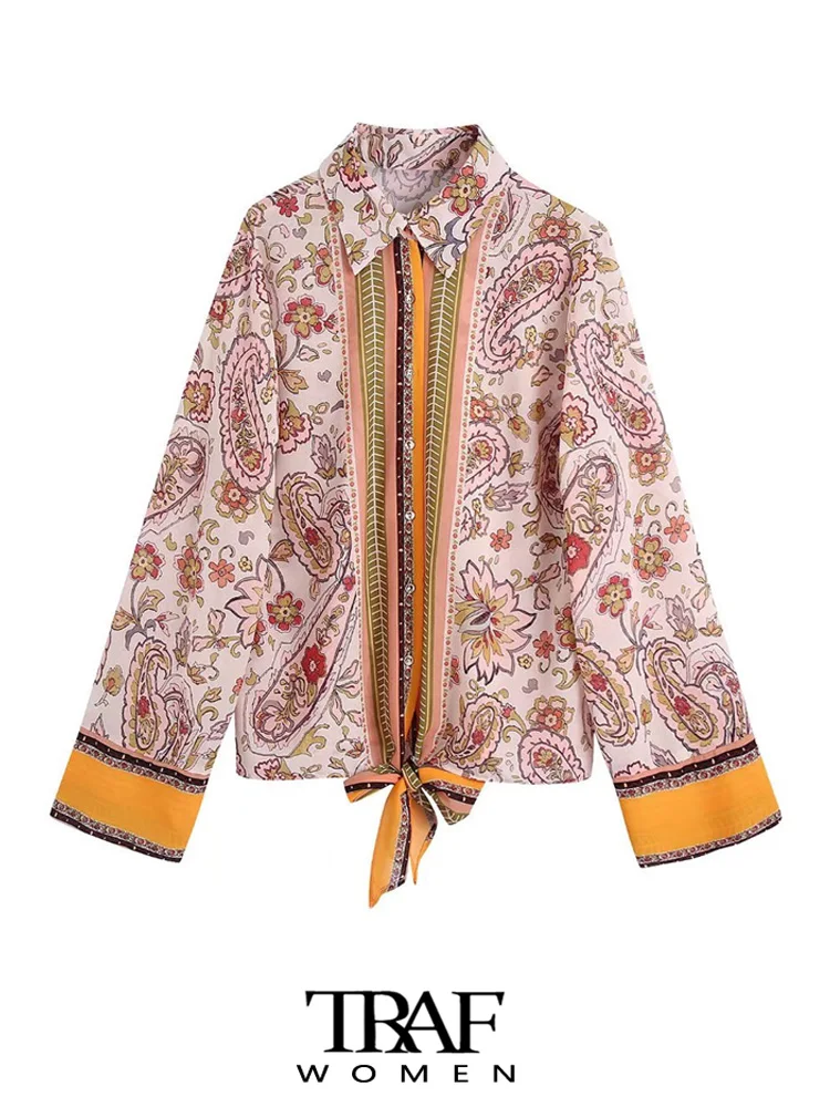 

TRAF Women Fashion With Tied Bow Paisley Print Blouses Vintage Long Sleeve Button-up Female Shirts Blusas Chic Tops