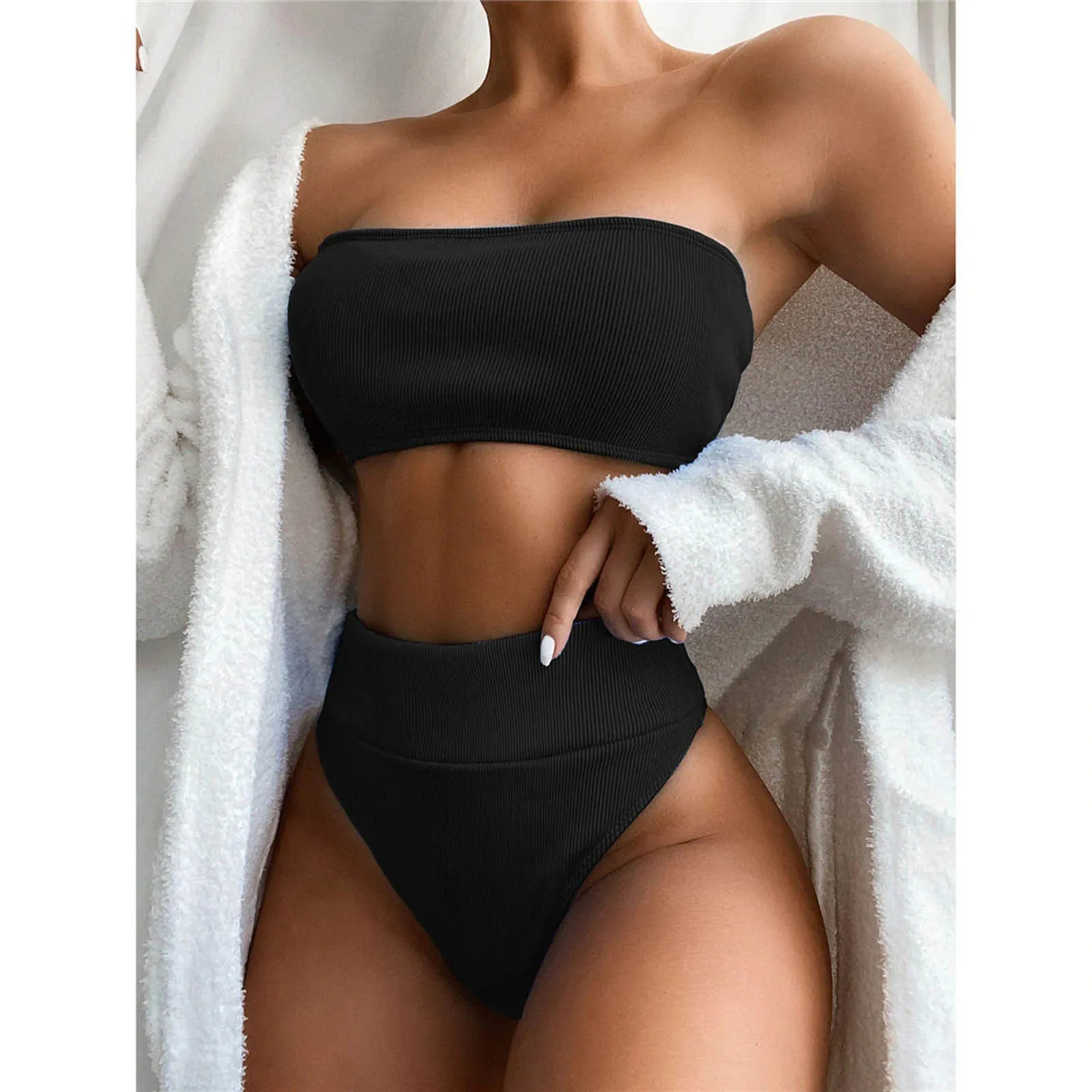 

Sexy 2 Pieces Bikini Set Women Strapless Ribbed Bandeau Tube Bandage Micro Bikini Push-Up Brazilian Swimwear Beachwear Swimsuit