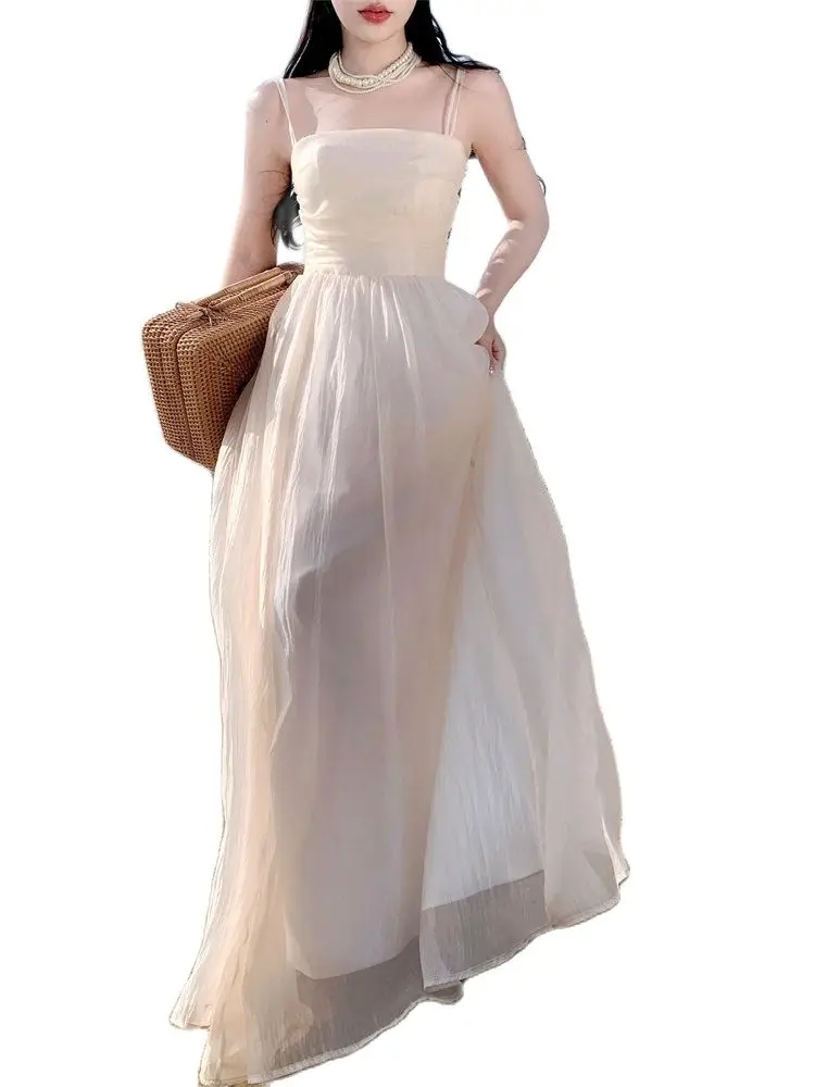 

Spaghetti Strap Maxi Dresses for Women 2023 New Fashion Fairycore Solid Backless Summer Dress Chic Elegant Mesh Dresses