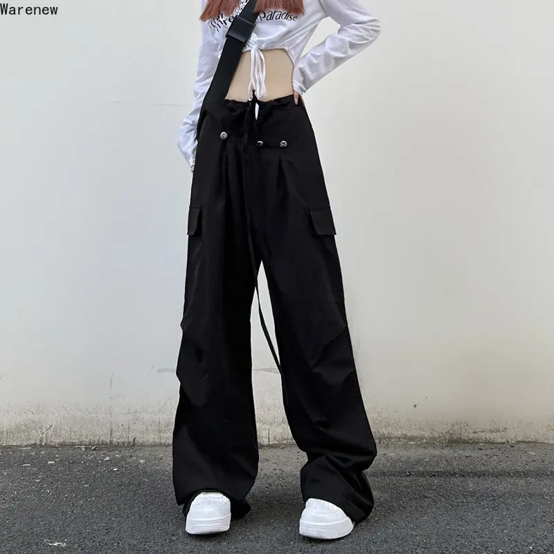 

Женский Повседневный комбинезон в стиле хип-хоп, черные свободные брюки с широкими штанинами, летние американские ретро брюки-карго большого размера Y2k с кулиской, 2023