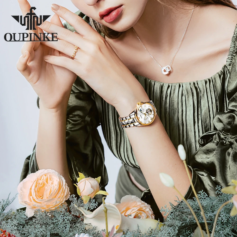 Фото OUPINKE 3202 Moonswatch роскошные механические часы для женщин полые скелетоны римские Наручные часы водонепроницаемые автоматические часы №4