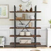 For Living Room Hallway（Brown） 5-Tier Industrial Bookcase With Rustic Wood Shelf And Metal Frame Large Open Display Bookshelf