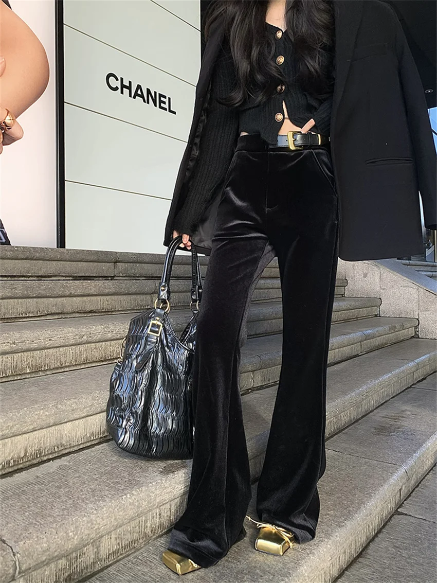 Женские офисные брюки Alien Kitty Черные Облегающие расклешенные с высокой талией