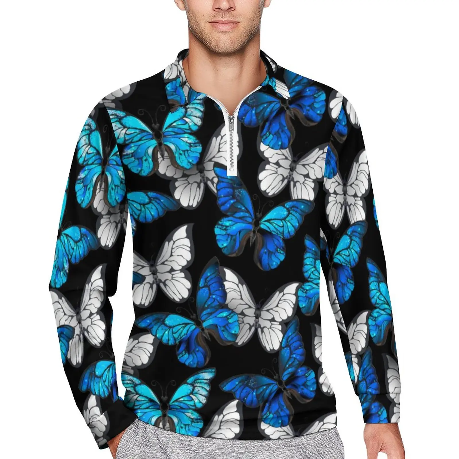 

Blue And White Butterfly Loose Polo Shirts Men Animal Print Long-Sleeved Casual T-Shirts Vintage Autumn Custom Shirt Plus Size