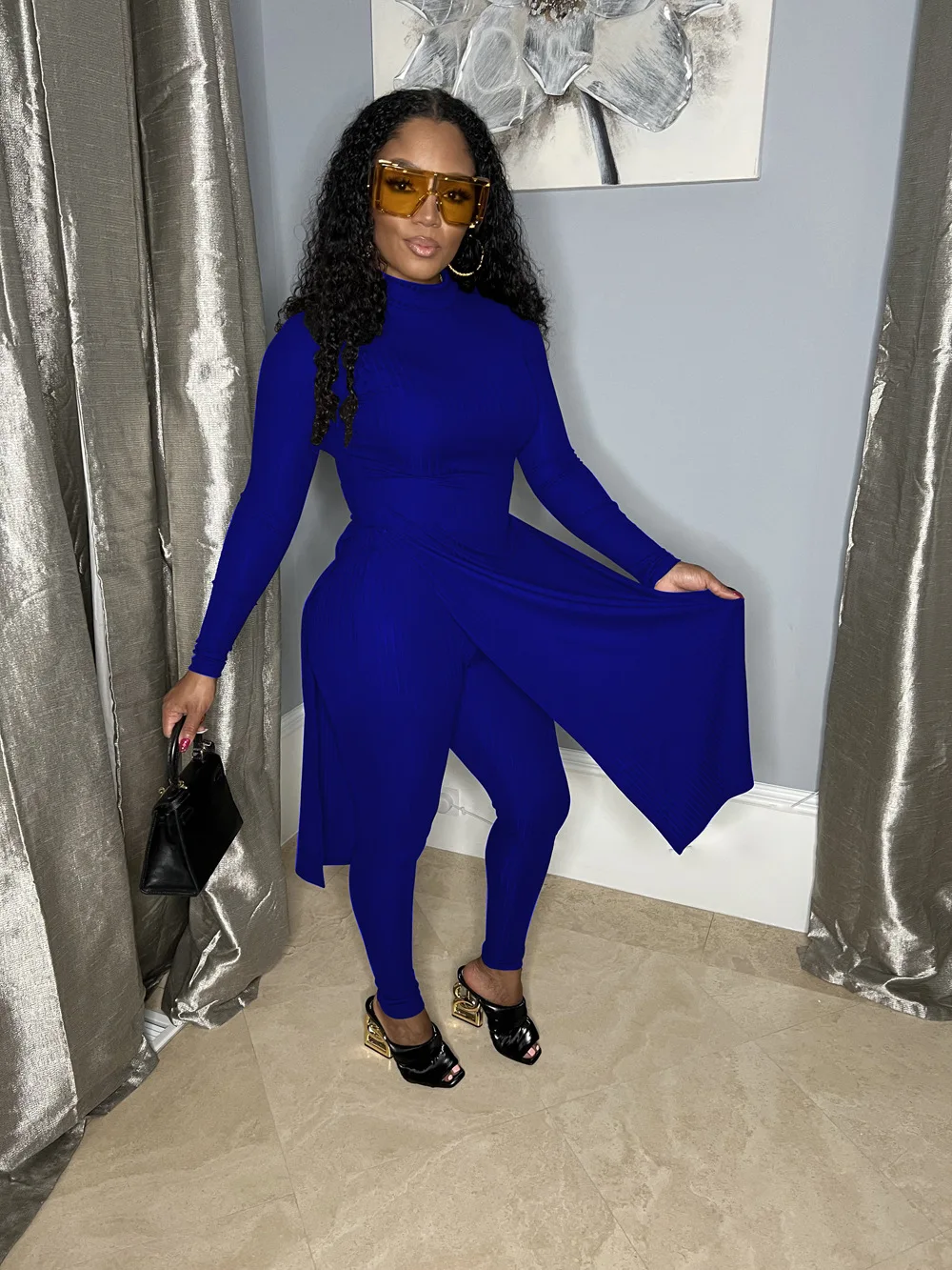 

Casual Sets Womens 2 Piece Solid Long Sleeves Turtleneck Split Long Tops Suit Autumn Winter Female Streetwear Bodycon Pant Sets