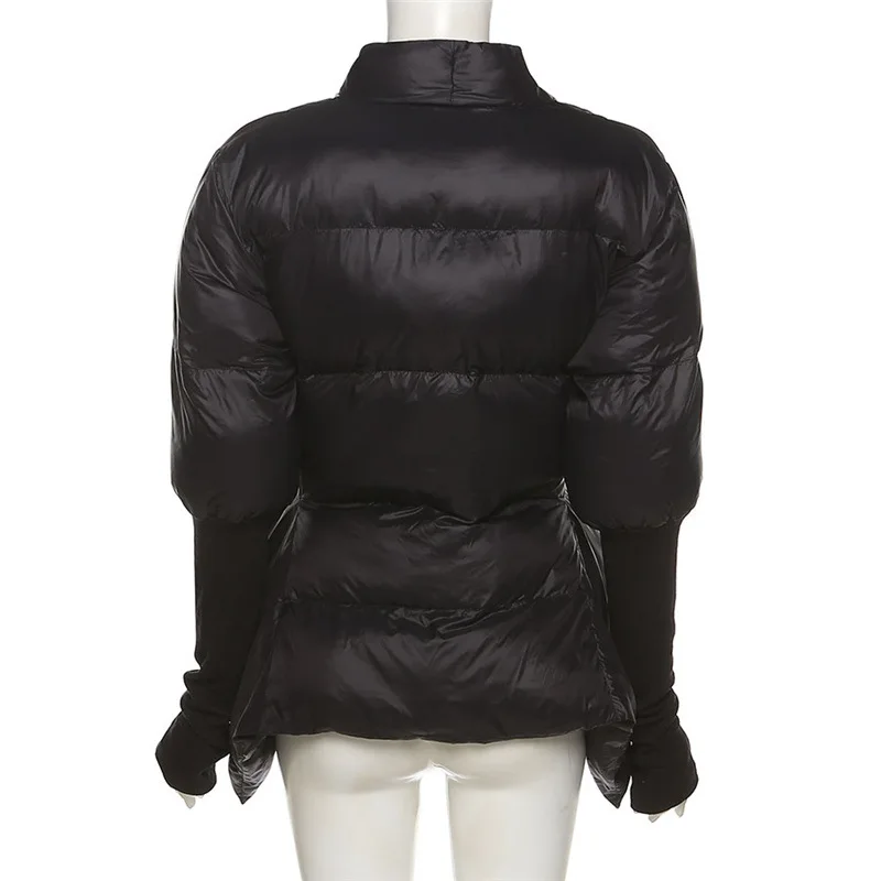 Sunny Black Puffer Jacket Women Irregular Bandage Button Bubble Coat Thick Warm Winter Parkas Fashion Streetwear Overcoat