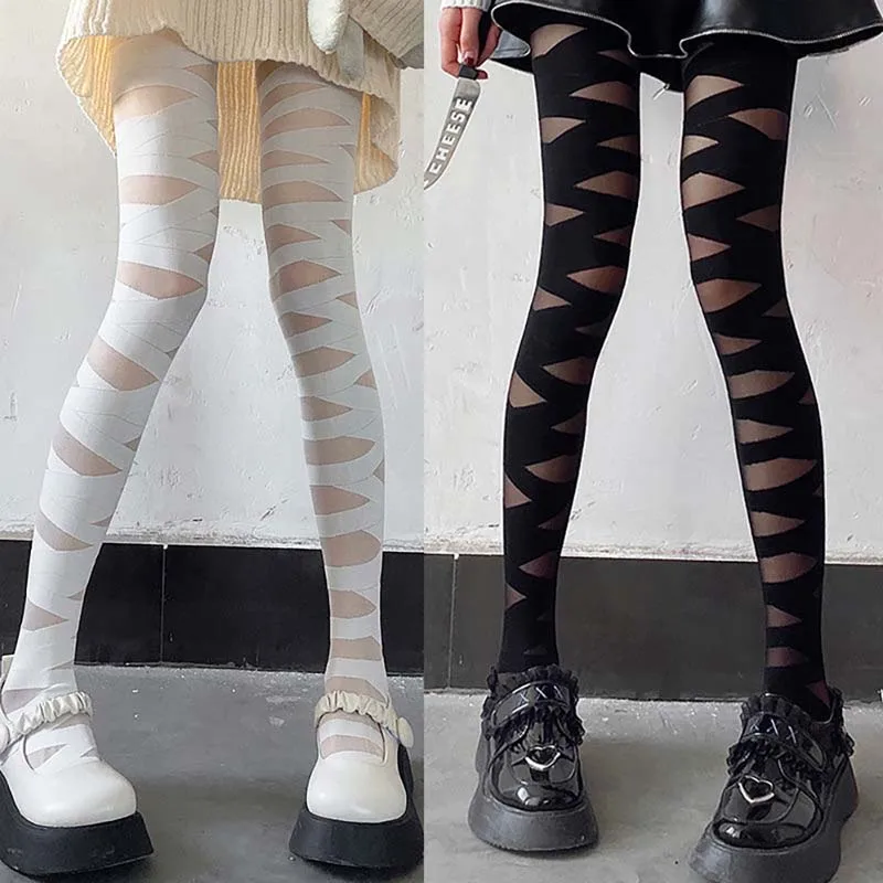 

Lolita Cross Strap Romper Bandages Hollowed-out Sexy Lace Stockings JK Socks Out Striped Stockings Female Pantyhose
