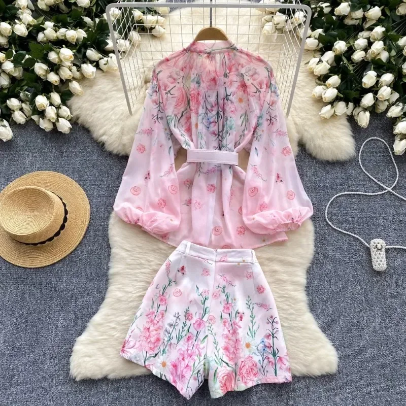 Женский комплект из двух предметов шифоновая блузка с цветочным принтом бантом