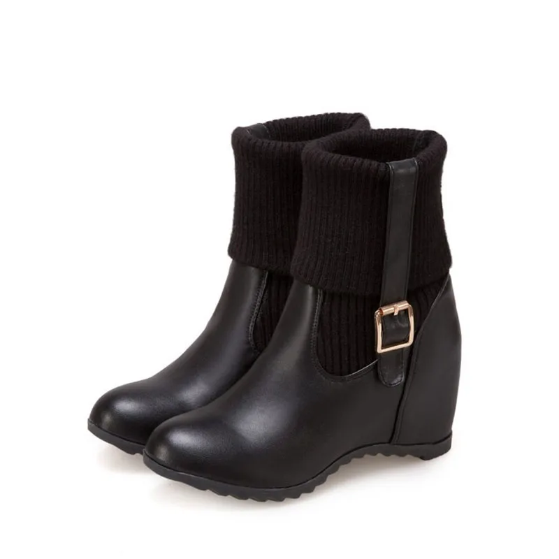 Winter Plush Knitted Stretch Boots Women 2022 Weave Mid-calf Bottines Wedges High Heels Belt Buckle Riding Botas De Mujer 34-43