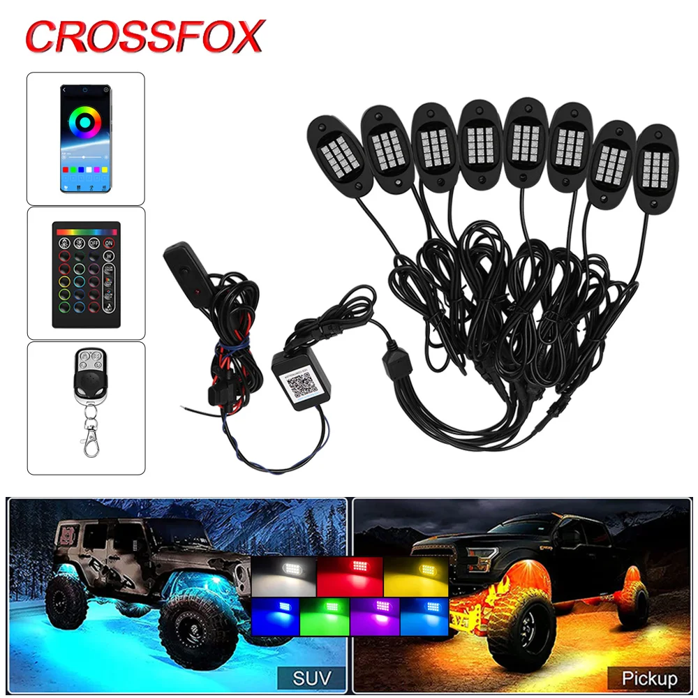 CROSSFOX 4/6/8/10 Pods Car Underglow LED Rock Lights Music Mode APP/Remote Control Neon Lighting Kit For Jeep Off Road SUV Truck