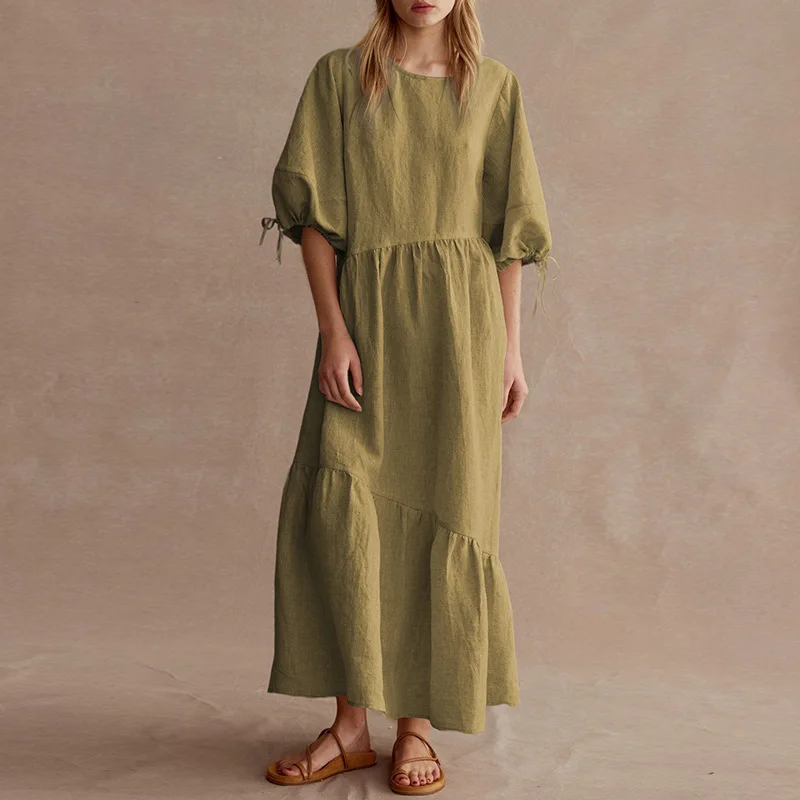 

Johnature New French Vintage Cotton Linen Lantern Sleeve Women Dresses 2023 Summer Solid Color Tie Loose Female Dress