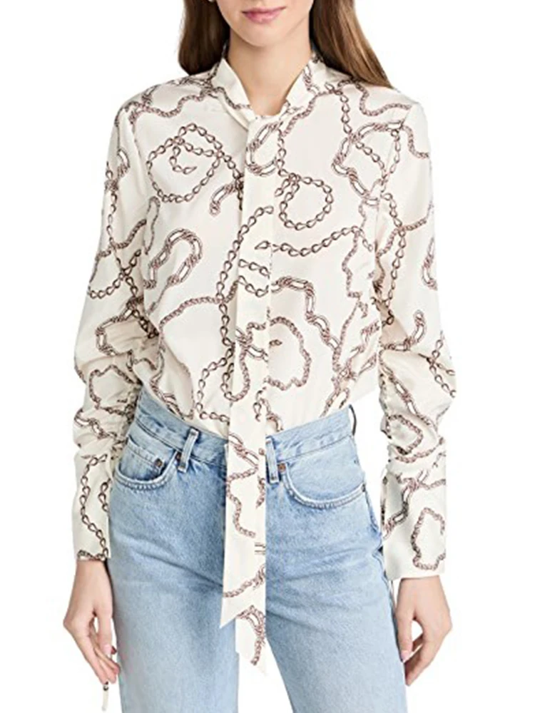 

New Shirt 2022 Spring Fashion Vintage Print Slim Bow Tie Elegant Women Shirt Fashion Chic Street Mix and Match Women Shirt Top