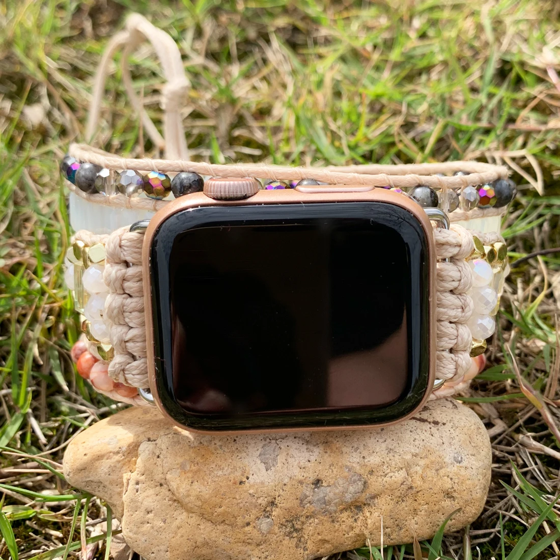 

Multi Natural Stone Crystal Apple Watch Band Beads Boho 5 Wrap Wax Rope Watch Strap Vegan Wristband Holiday Gift Wholesale