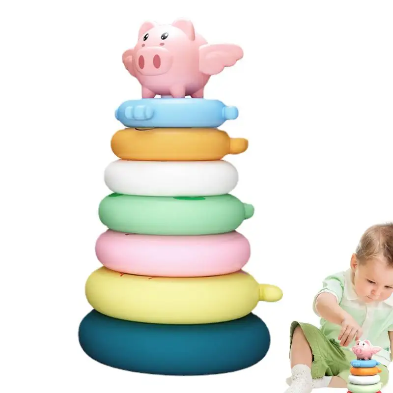 

Rainbow Ring Tower Stacker Educational Column Toy For Early Development Montessori Pig Rainbow Stacking Toys For Toddlers