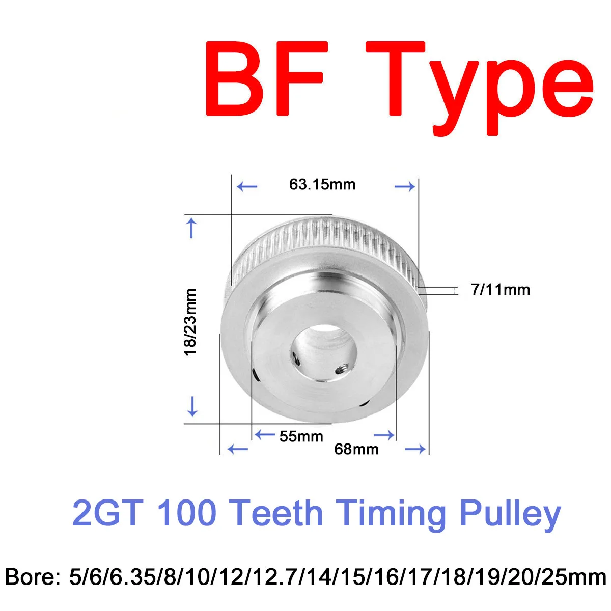 

1Pc 100 Teeth 2GT BF Type Synchronous Wheel Idler Timing Pulley Bore 5/6/6.35/8/10/12/12.7/14/15/16/17/18/19/20mm Width 7/11mm