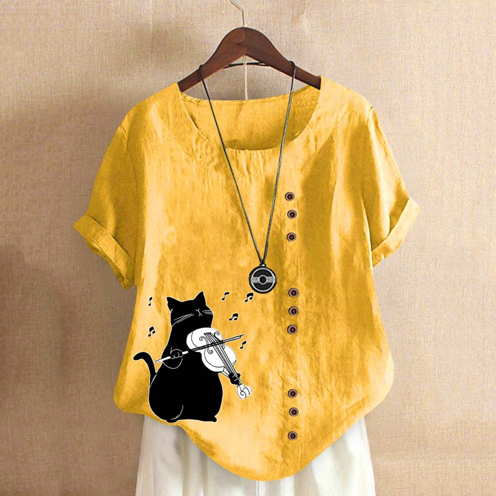 

Cat Print Cotton Linen Shirt Summer Women O-neck Short Sleeve Blouses Harajuku Loose Pullover Tops White Yellow Office Blusas