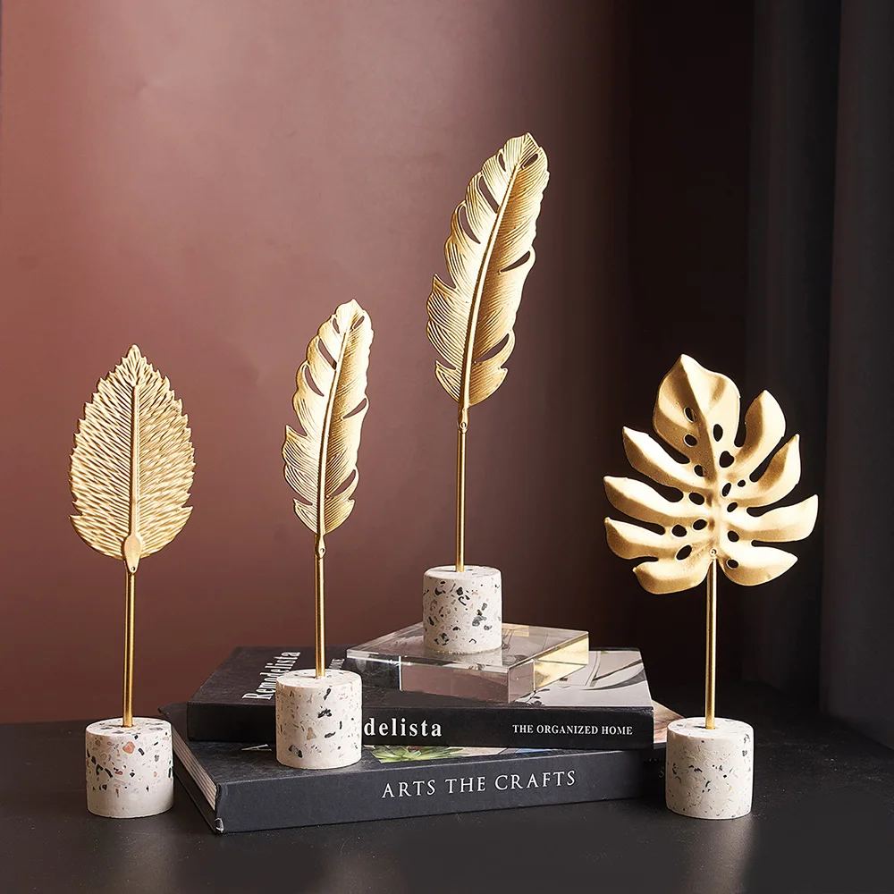 

Nordic Home Decoration Wrought Iron Golden leaves Ornaments Cement Base Leaf Feather Living Room Bedroom Decor Accessories Gifts