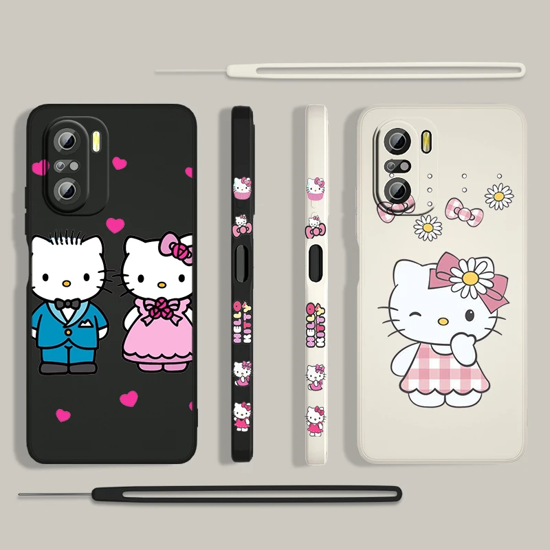 

Cute HelloKitty Anime For Xiaomi Redmi K50 Gaming 10X 9 9A 9T 9AT 8 8A 7 6A 5A 4X Pro 4G 5G Liquid Left Rope Silicone Phone Case