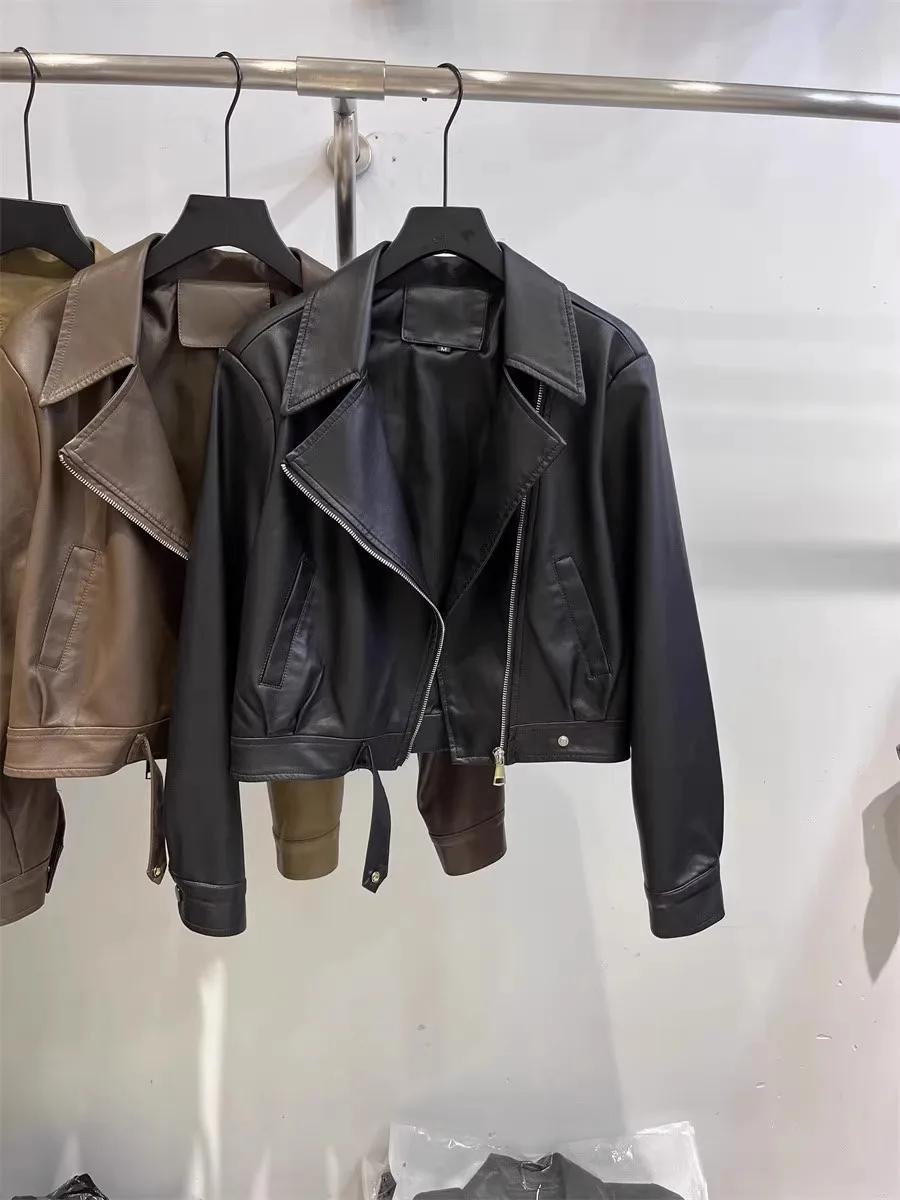 Черное короткое кожаное пальто Верхняя одежда Женская весна и осень Новая