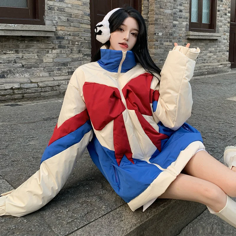 Stand Collar Down Jacket Women's New Winter Thick Cotton Jacket Design Bow Coat Contrast Color White Eiderdown Bread Jacket