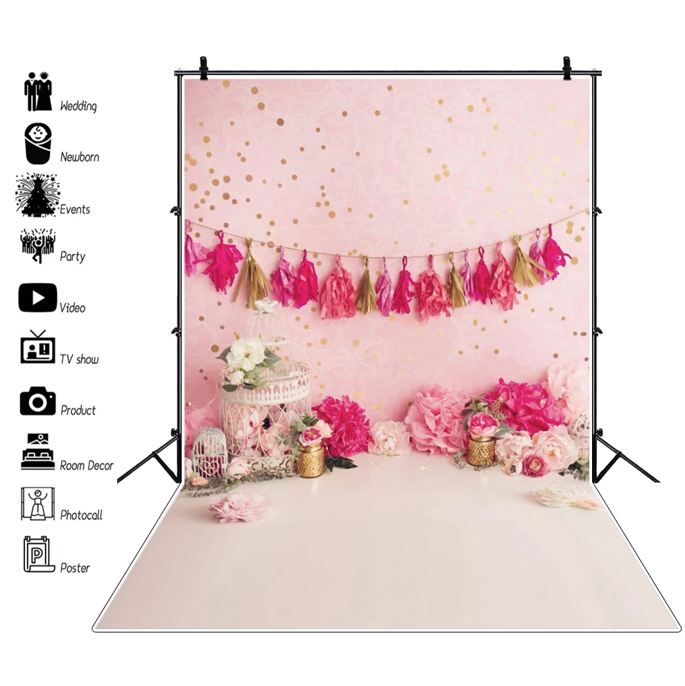 

Newborn Baby Birthday Party Pink Flower Floor Backdrop Photographic Decoration Portrait Photography Background For Photo Studio
