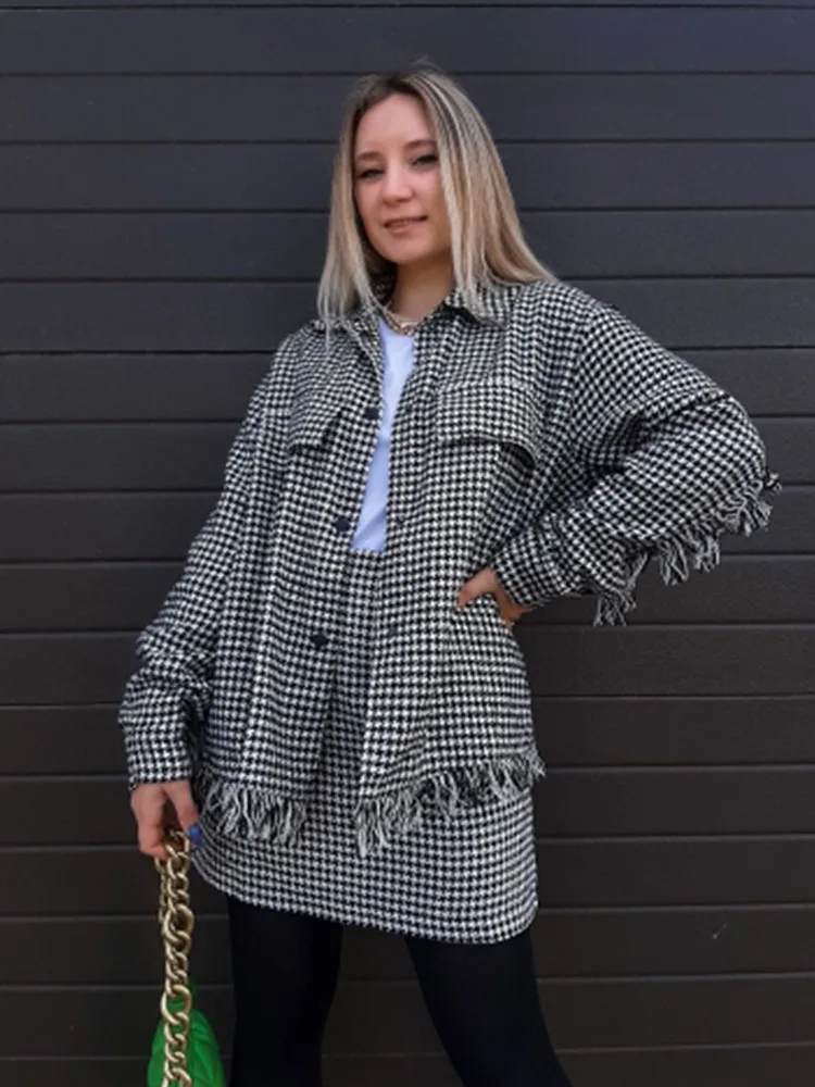 Women's Shirts JacKets Loose Blouses Femme Plaid Long Sleeves Houndstooth Spring Outwear Workwear New Design Mujer Blusas TRF