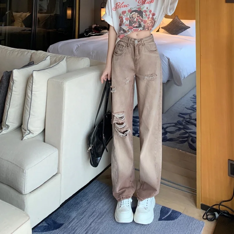 

Brown Vintage Baggy Jeans Women 90s Streetwear Pocket Hole Wide Leg Cargo Pants Low Waist Straight Pants Vintage Denim Trousers