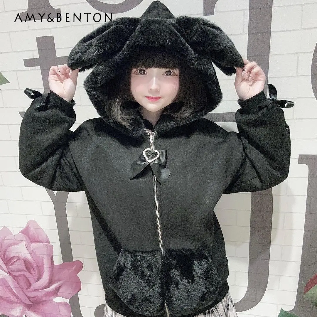 

Японское милое плюшевое пальто с капюшоном и кроличьими ушками милое пальто на шнуровке с бантом Большие размеры куртки на молнии кавайная зимняя женская одежда