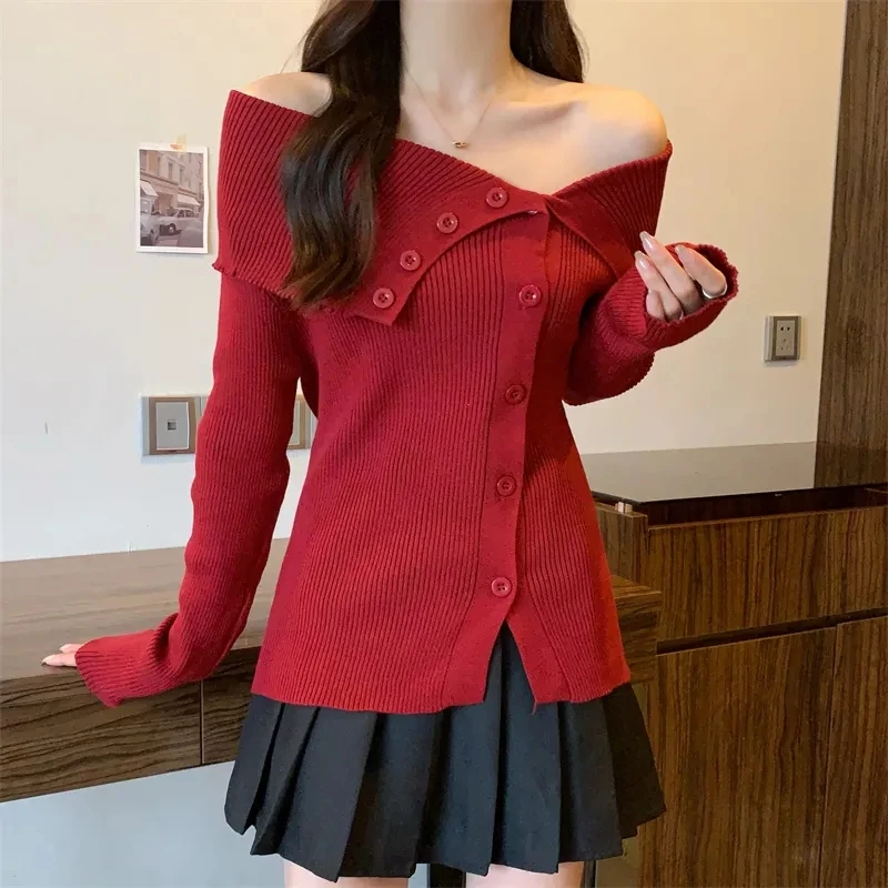 

Yasuk Autumn Female Casual Hollow out Strapless Pullover Women's Loose Sexy Gentle Versatile Warm Irregularly Forked Button