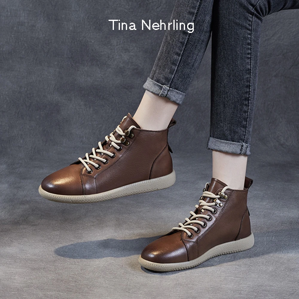 

Ботинки-мартинсы Tina Nehrling женские, кожаные повседневные короткие сапоги в британском стиле, с мягкой подошвой, с высоким берцем, весна-осень