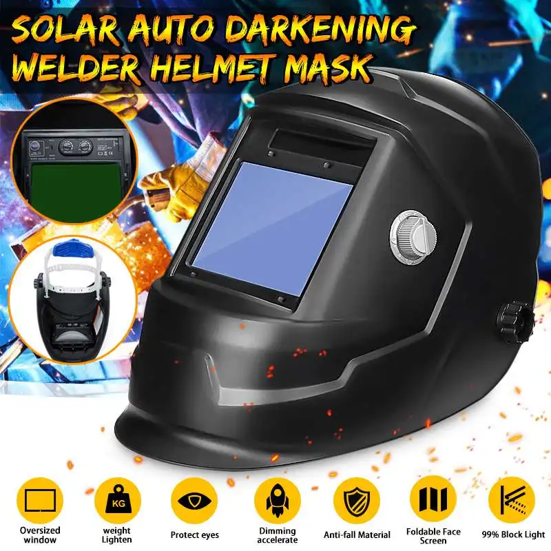 

Solar Powered Auto Darkening Welding Helmet Adjustable Shade Range DIN 9-13/Rest DIN 4 Large View Area Arc Tig Mig Welder Mask