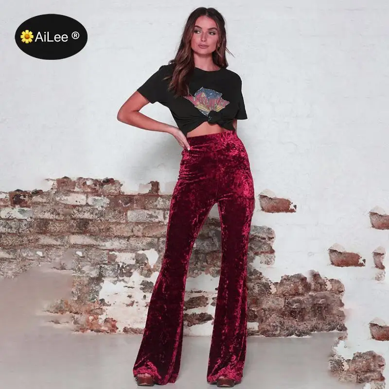 

Summer Autumn Velour Elegant Female Lady Women's Palazzo Flared Wide Killer Legs Pants High Waist OL Ladies Career Long Trousers