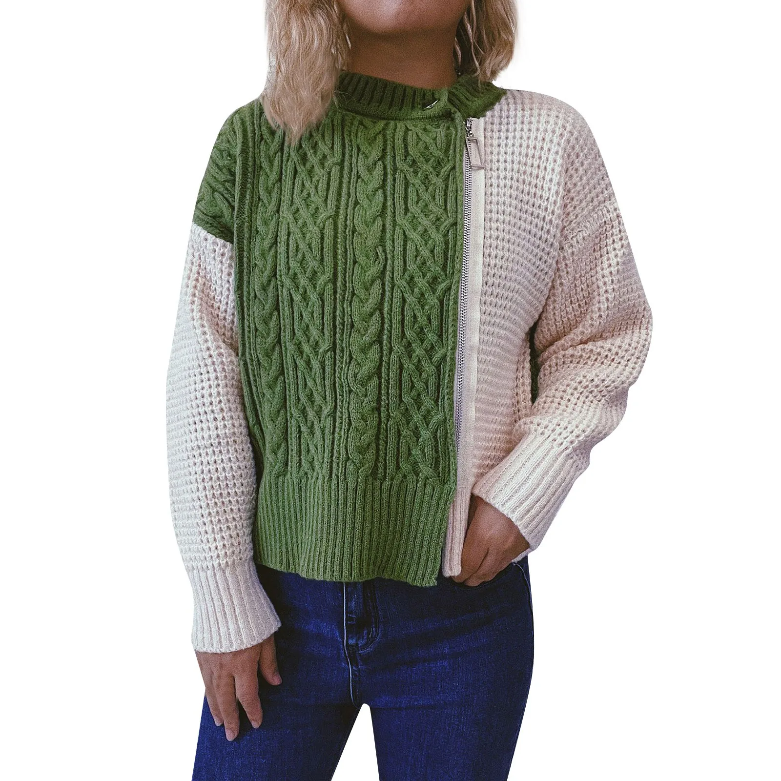 

Женский трикотажный свитер на молнии, с круглым вырезом и длинным рукавом